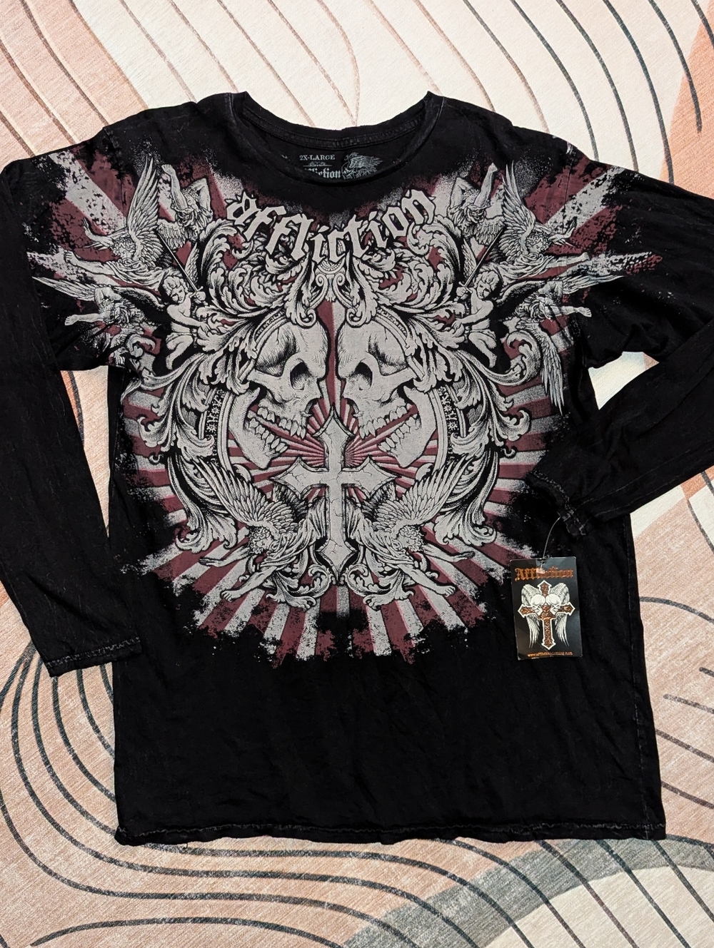Affliction Sinful Skeleton Cross Long Sleeve 100% Cotton T-shirt, XXL, NWT